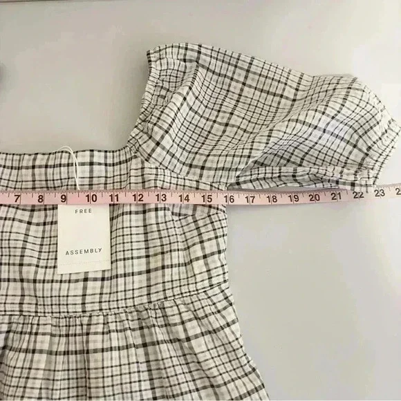 Free Assembly Size XS Ivory Plaid Organic Cotton Women's Puff Sleeve Blouse Top - Picture 15 of 15